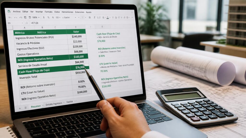 Pantalla de laptop mostrando una hoja de cálculo con métricas financieras de flujo de caja y ROI junto a una calculadora y planos arquitectónicos.