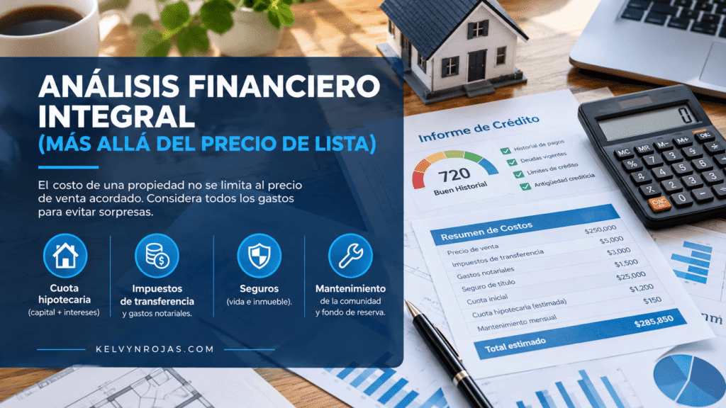 Análisis financiero integral de una inversión inmobiliaria que incluye desglose de costos, informe de crédito y cuota hipotecaria.