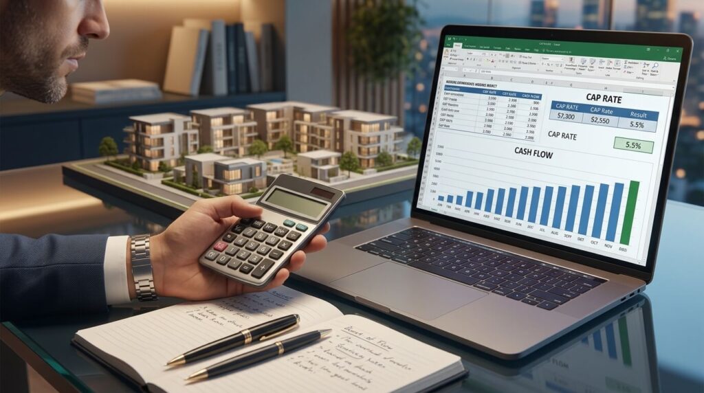 Inversionista calculando el cap rate y flujo de caja con laptop y calculadora