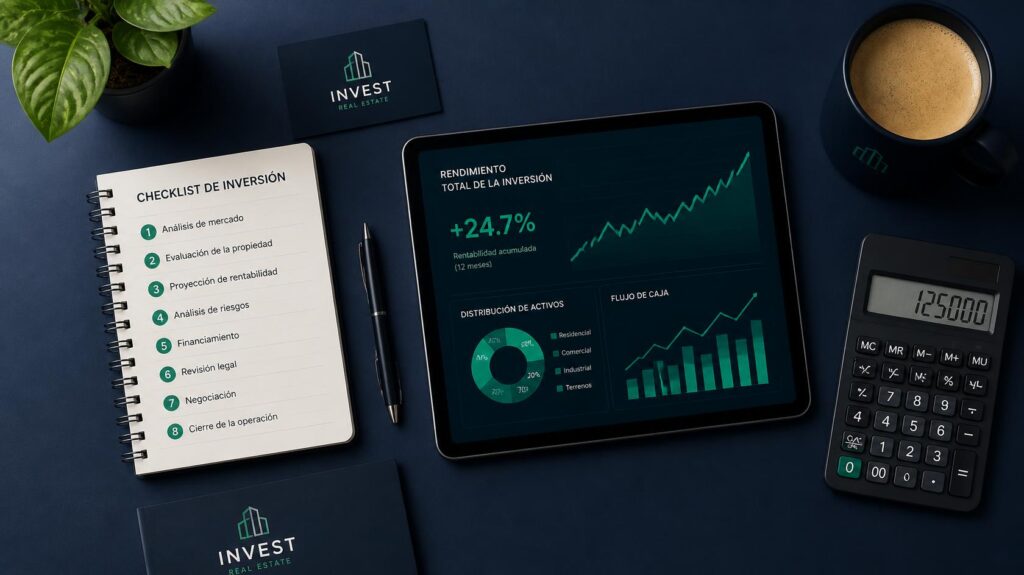Escritorio de inversionista con libreta de checklist de inversión, tablet mostrando gráficos de rendimiento financiero y calculadora.