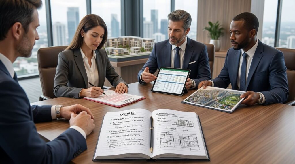 Reunión de un inversionista con asesores, abogados y expertos inmobiliarios revisando contratos y planos