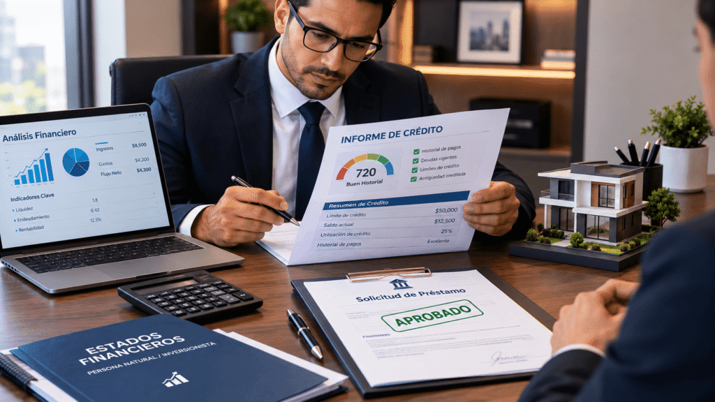 Oficial de préstamos evaluando un informe de crédito y estados financieros de un inversionista inmobiliario en una oficina.