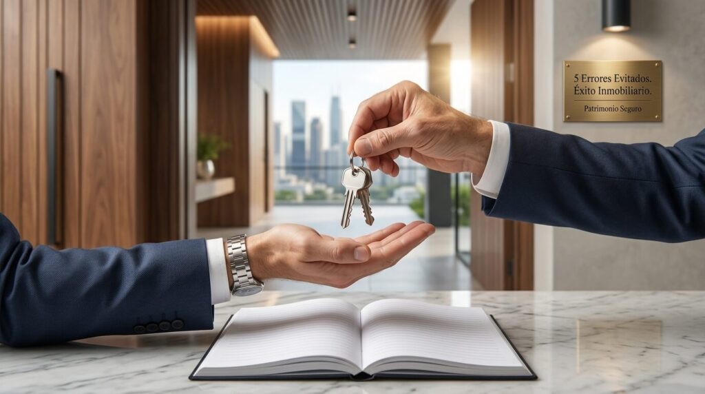 Cierre de negociación inmobiliaria entregando llaves de un patrimonio seguro y rentable