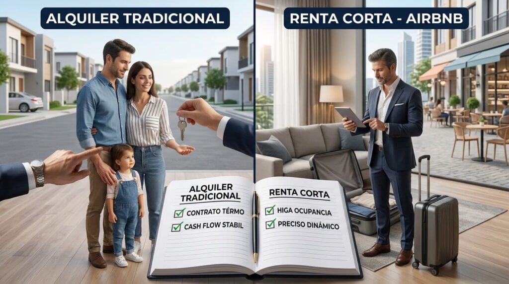 Comparación visual entre alquiler tradicional de larga estancia y renta corta vacacional tipo Airbnb