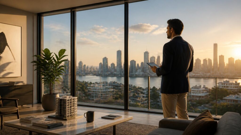 Inversionista inmobiliario tomando una decisión estratégica frente a la ventana de un apartamento moderno