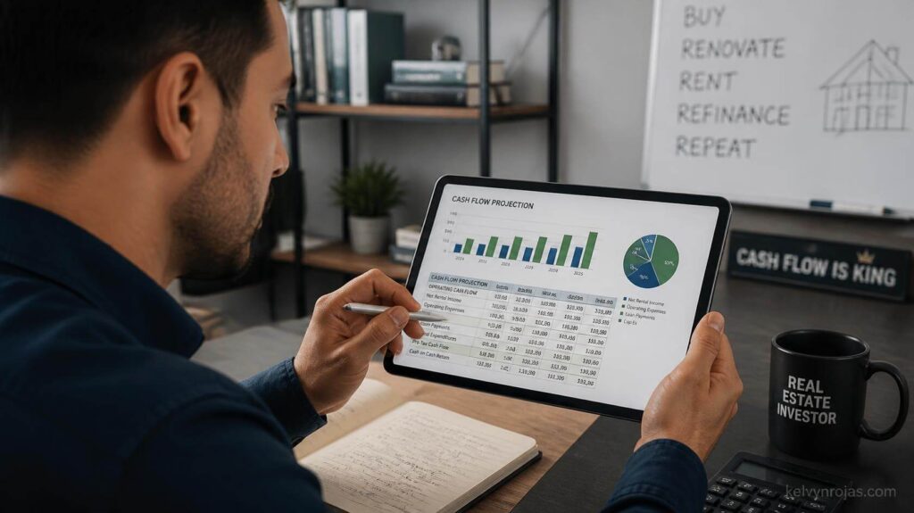 Inversionista de bienes raíces analizando gráficos financieros y flujo de caja en una tablet