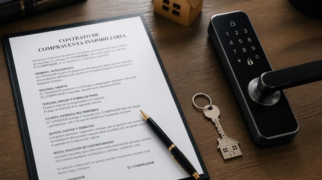 Contrato legal de bienes raíces y llave digital sobre un escritorio de madera