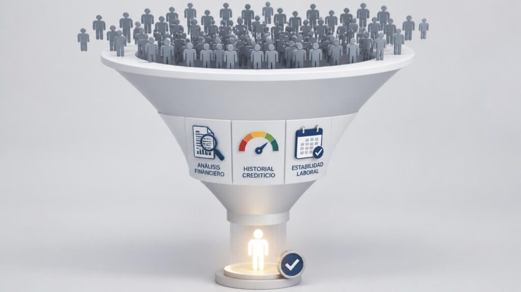 Representación en 3D de un embudo de selección que filtra a numerosos candidatos mediante análisis financiero, historial crediticio y estabilidad laboral, destacando a un inquilino ideal.