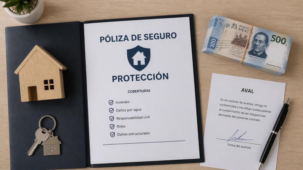 Vista cenital de una póliza de seguro de protección de alquiler, un fajo de dinero como depósito, un documento de aval firmado y un juego de llaves sobre una mesa de madera.