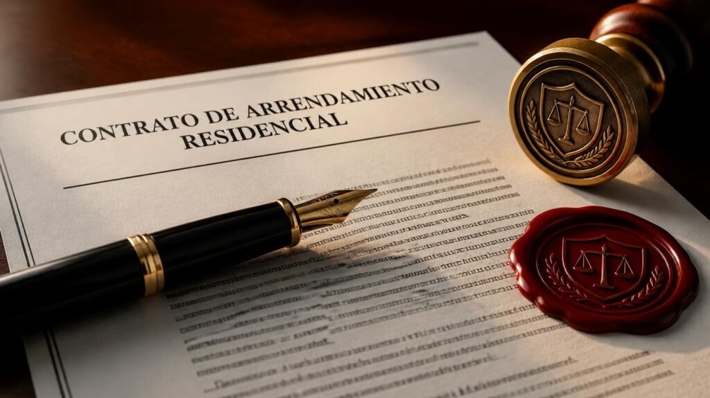 Primer plano de un documento de contrato de arrendamiento residencial con una pluma estilográfica, un sello de cera roja y un sello de ley con la balanza de la justicia.
