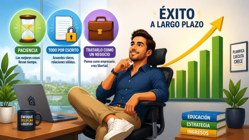Ilustración digital de un propietario sonriente en una oficina con un gráfico de crecimiento financiero, un reloj de arena de paciencia, un documento con candado y un maletín de negocios.