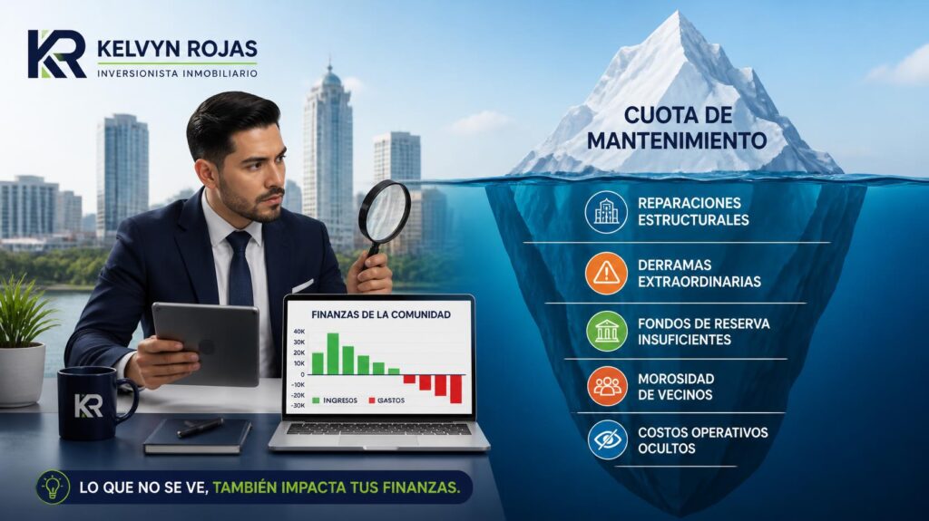 Infografía educativa sobre cómo evaluar riesgos inmobiliarios analizando los gastos ocultos y las finanzas de la comunidad de propietarios en un edificio o condominio. Muestra un iceberg de costos ocultos bajo el agua.