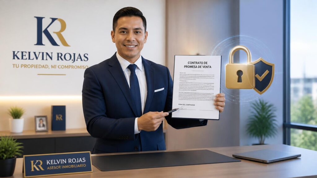 Infografía conceptual de un contrato de promesa de venta protegido por un escudo y un candado, que representa el blindaje legal para inversiones inmobiliarias seguras en kelvynrojas.com.