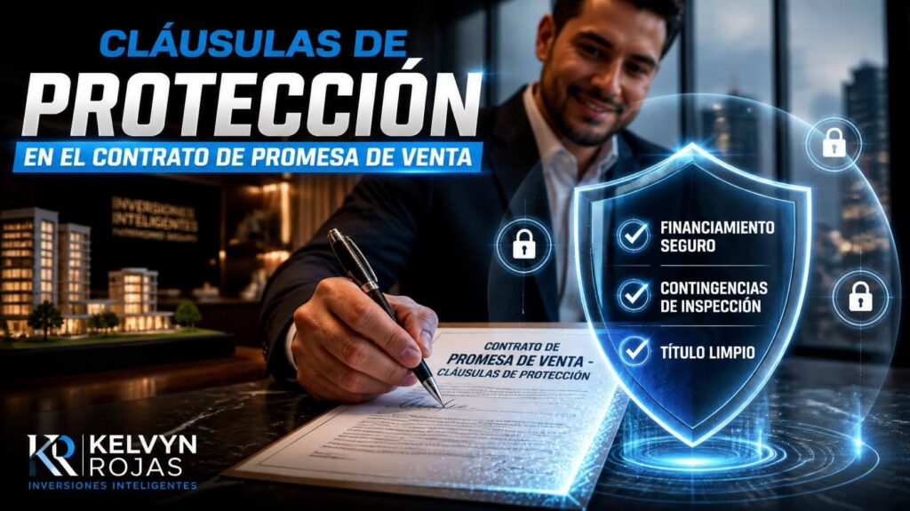 Infografía destacada sobre cláusulas de protección en el contrato de promesa de venta de kelvynrojas.com, mostrando contingencias de financiamiento, inspección y penalizaciones.