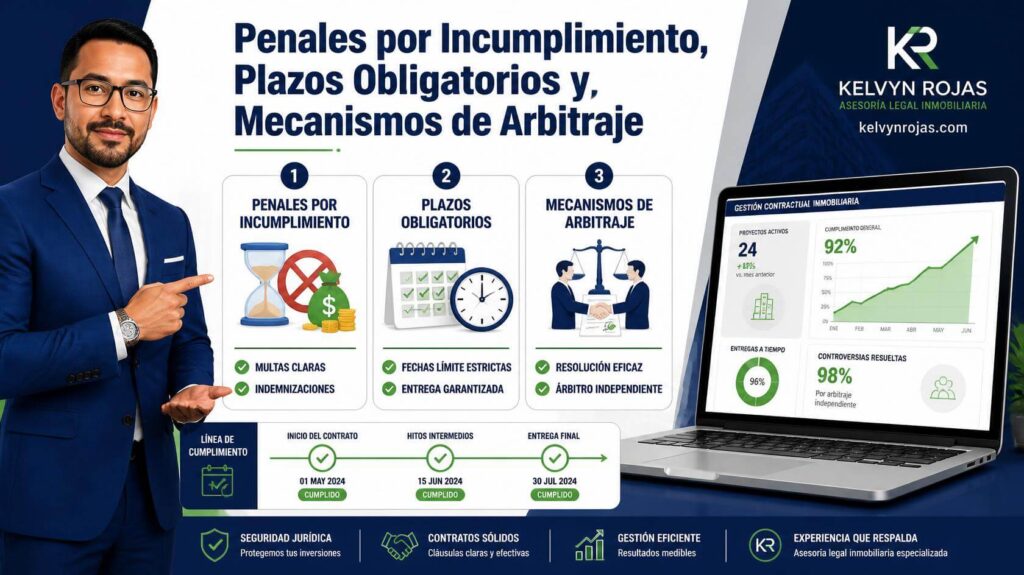 Infografía destacada sobre penales por incumplimiento, plazos obligatorios y mecanismos de arbitraje inmobiliario para proteger inversiones.