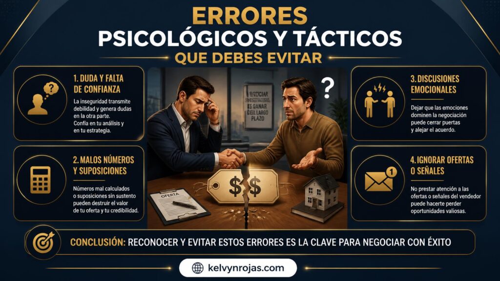 Infografía sobre los errores psicológicos y tácticos que debes evitar al negociar bienes raíces, publicada en kelvynrojas.com.