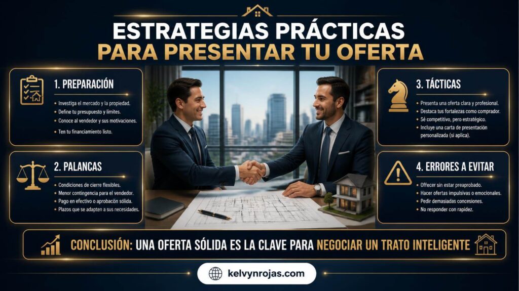 Infografía sobre estrategias prácticas para presentar una oferta inmobiliaria, dividida en preparación, palancas, tácticas y errores a evitar, publicada en kelvynrojas.com.