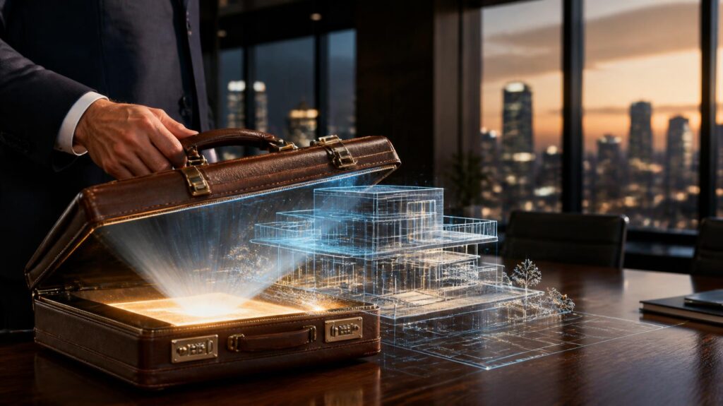 Inversionista inmobiliario analizando documentos y datos de mercado en su oficina.