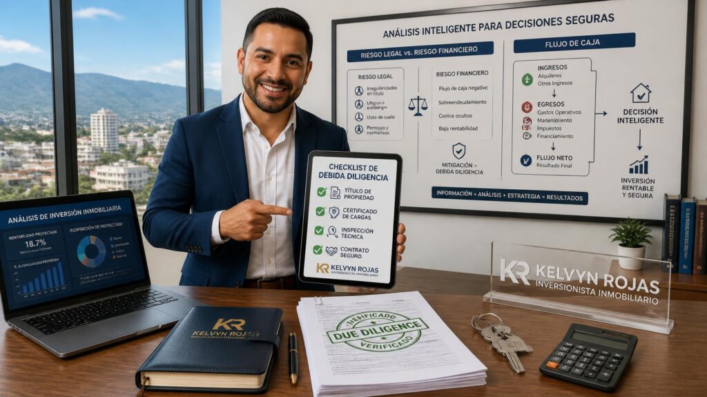 Imagen de cabecera profesional para kelvynrojas.com que muestra a Kelvyn Rojas presentando un checklist digital de debida diligencia inmobiliaria en una oficina moderna en Santiago de los Caballeros.
